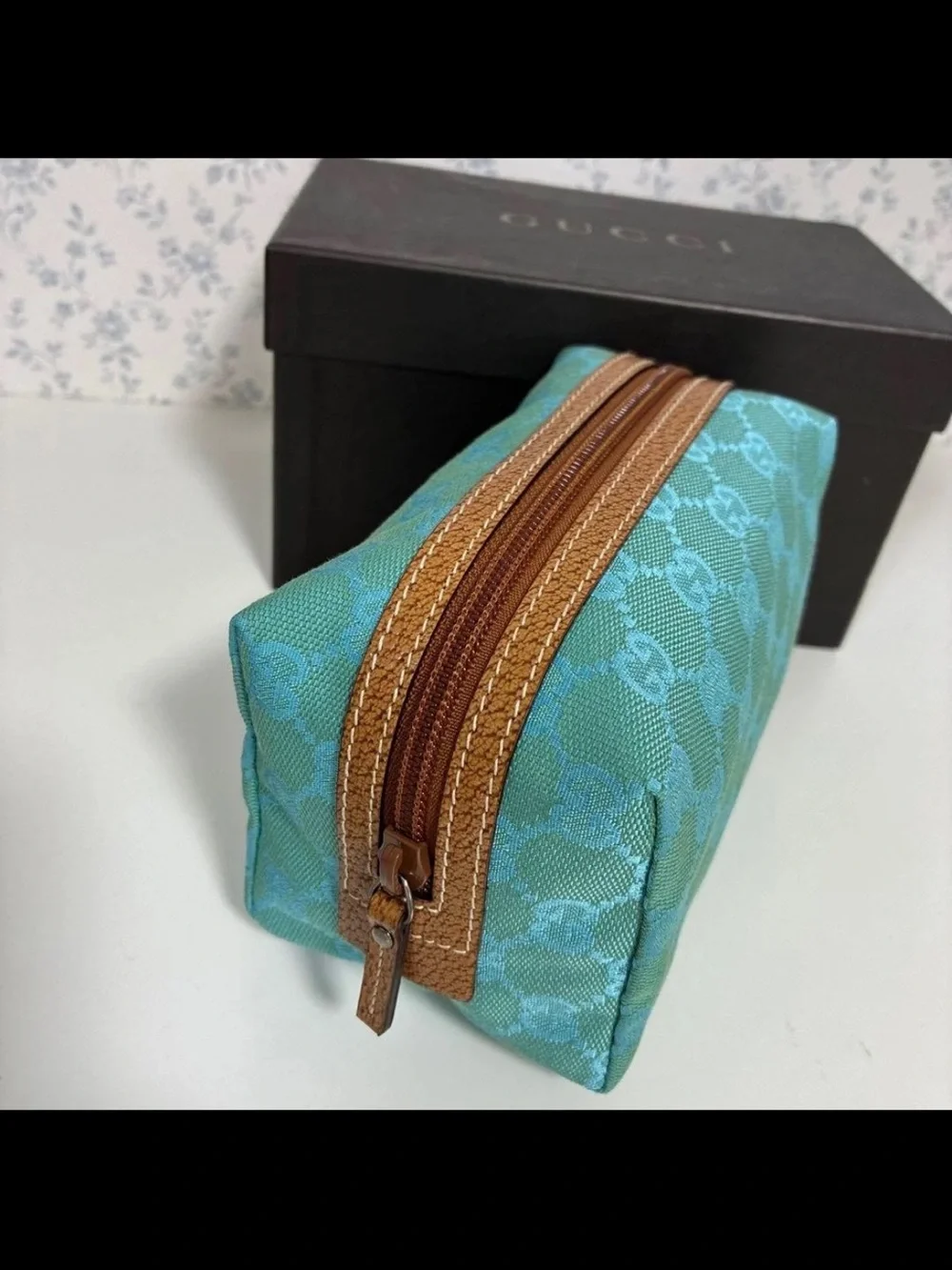 Gucci Small Turquoise GG Canvas Cosmetic Pouch